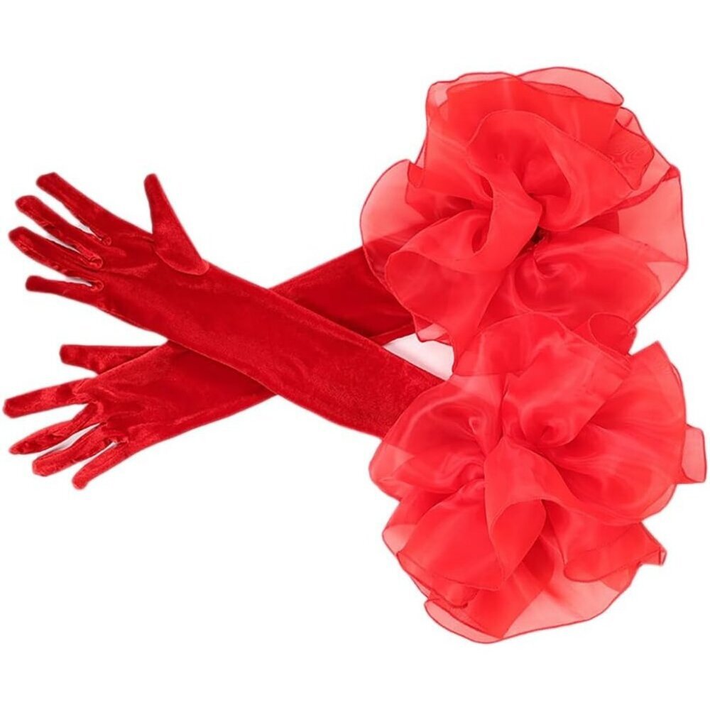 Women's Velvet Red 65cm Satin Tulle  Puff Long Gloves Banquet Wedding Party